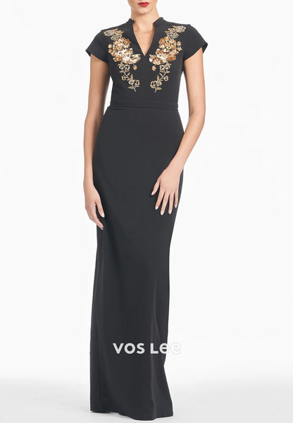 Simple & Casual Short Sleeve V Neck Sheath Pleated Floor-Length Mother of Bride Dresses