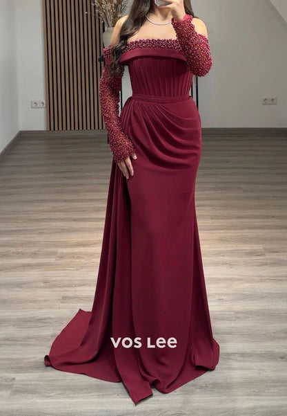 Elegant Off the Shoulder Pearls Bead Long Sleeve Sheath Evening Gowns