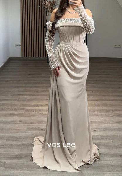 Elegant Off the Shoulder Pearls Bead Long Sleeve Sheath Evening Gowns