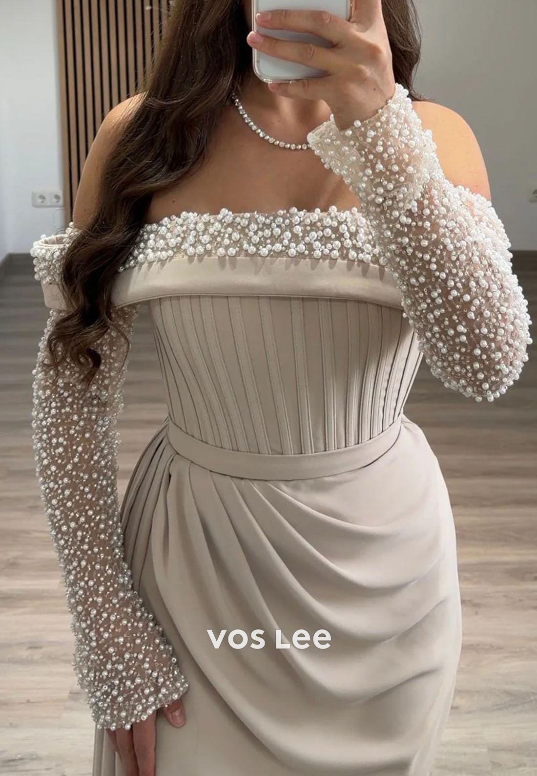 Elegant Off the Shoulder Pearls Bead Long Sleeve Sheath Evening Gowns