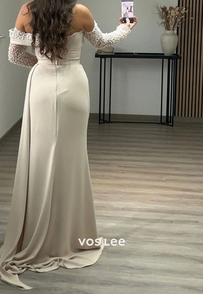 Elegant Off the Shoulder Pearls Bead Long Sleeve Sheath Evening Gowns