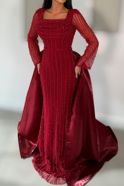 Olive Green Square Neck Beaded Mermaid Evening Gown with Sheer Sleeves