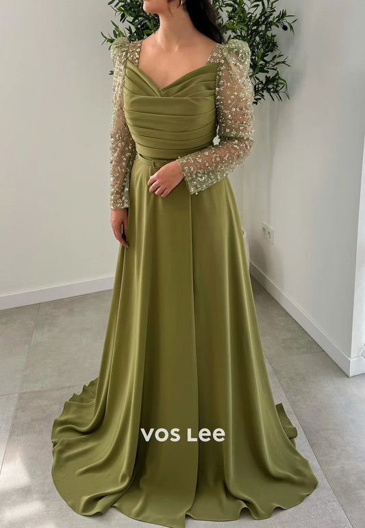 Classic & Timeless A-Line Long Sleevees V Neck Pleated Evening Dresses with Sweep Train