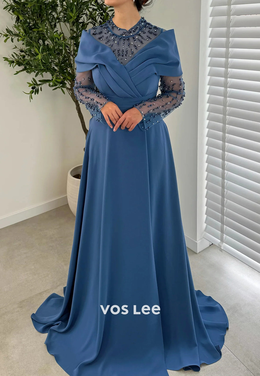 Simple & Casual A-Line Long Sleeve pleats High Neck Evening Dresses with Court Train