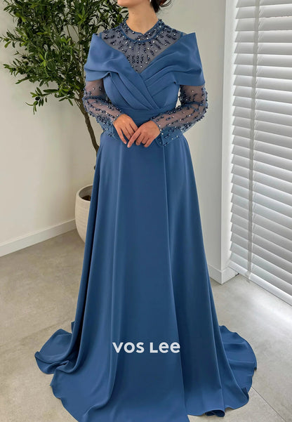 Simple & Casual A-Line Long Sleeve pleats High Neck Evening Dresses with Court Train