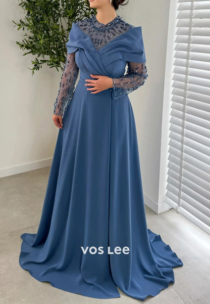 Simple & Casual A-Line Long Sleeve pleats High Neck Evening Dresses with Court Train