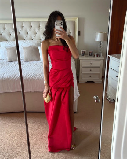 Sexy Strapless Maxi Dress – Floor-Length Red Satin Prom Gown with High Slit