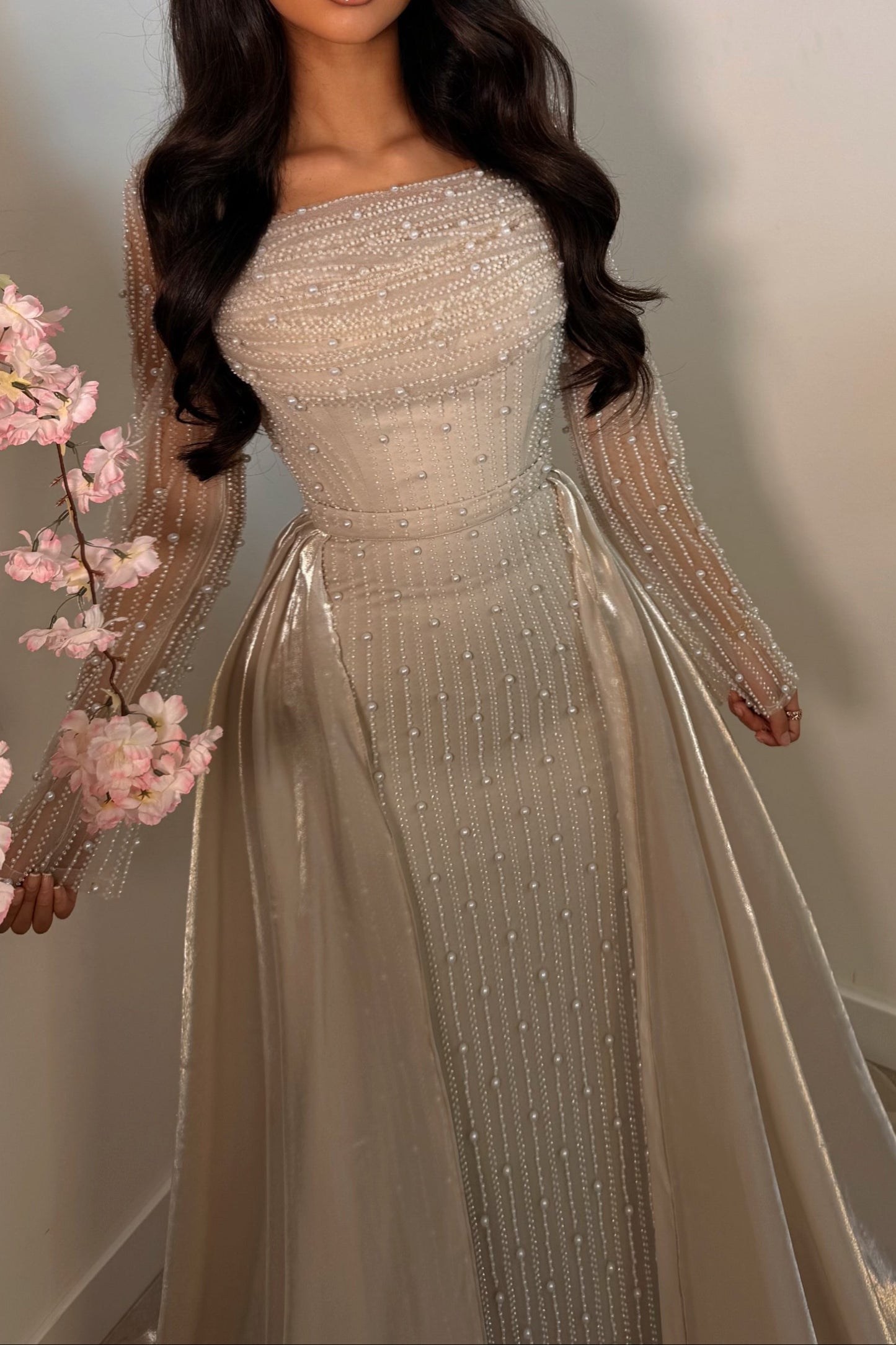 Olive Green Square Neck Beaded Mermaid Evening Gown with Sheer Sleeves