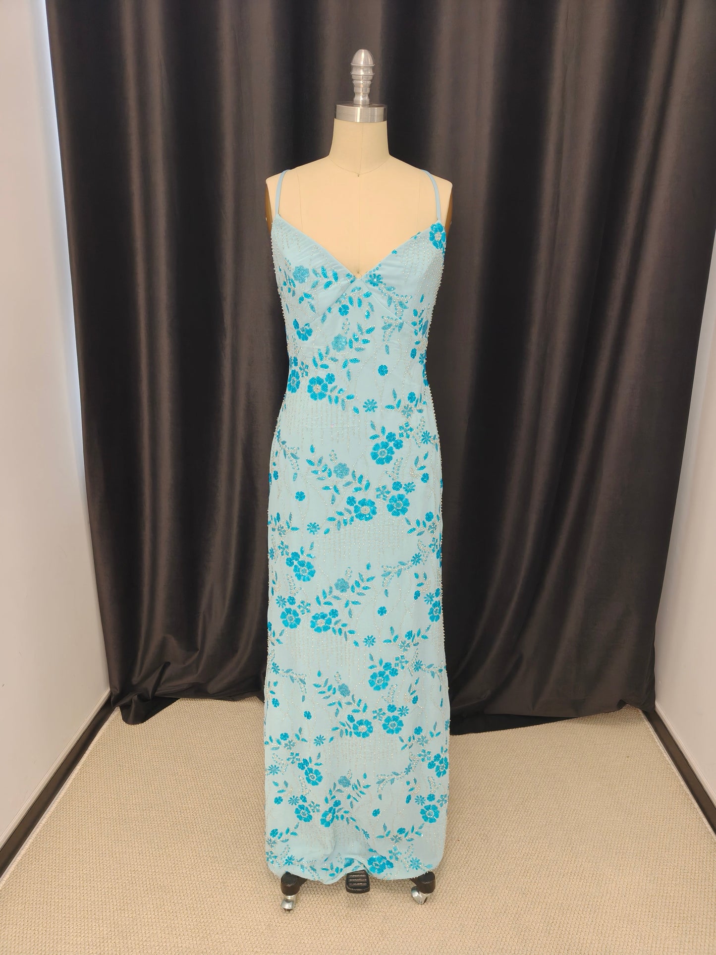 Spaghetti Straps Red Floral Beaded Long Dress