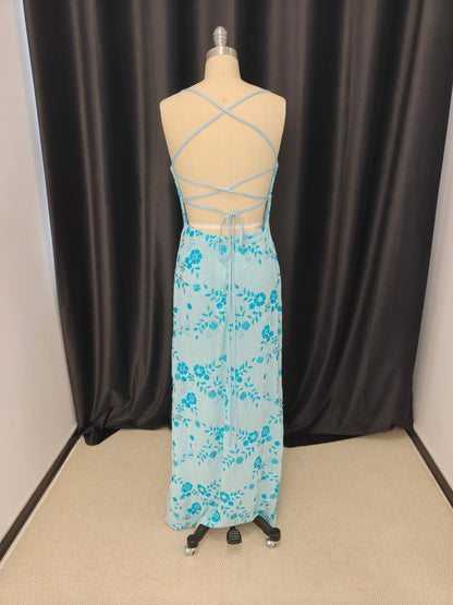 Spaghetti Straps Red Floral Beaded Long Dress
