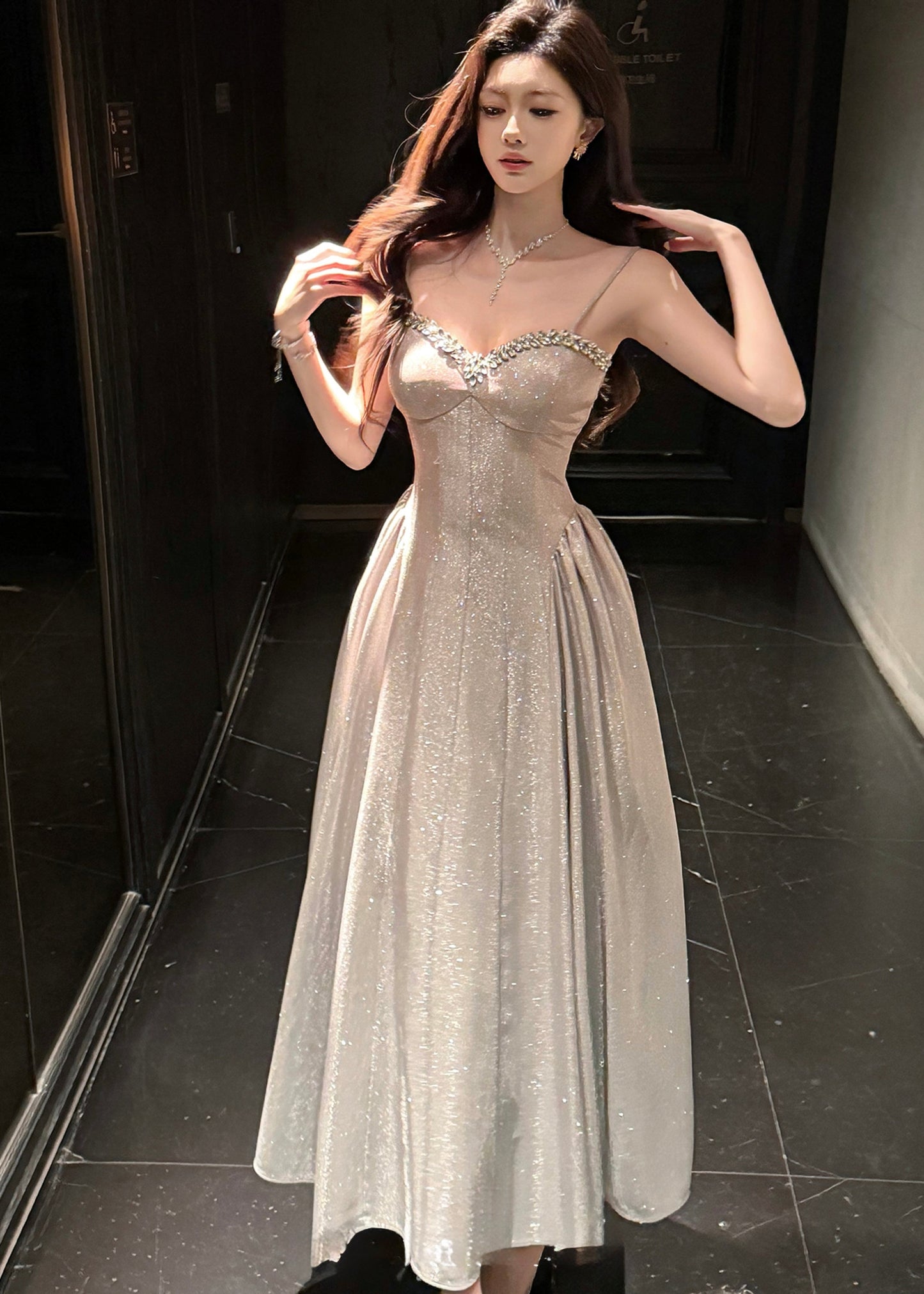 Glittering Champagne A-Line Evening Gown – Perfect for Prom & Wedding Guest