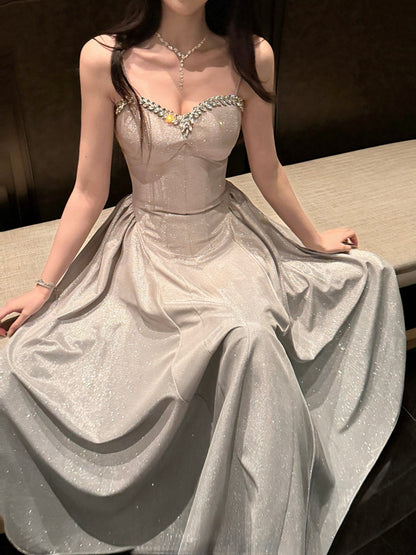 Glittering Champagne A-Line Evening Gown – Perfect for Prom & Wedding Guest
