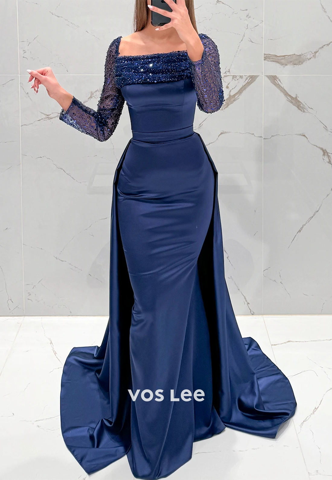 Long Sleeves Sequined Prom Dresses Formal Dresses  with Detachable Court Train