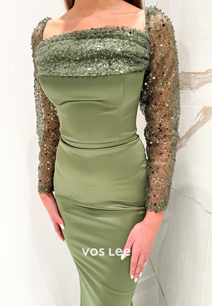 Long Sleeves Sequined Prom Dresses Formal Dresses  with Detachable Court Train