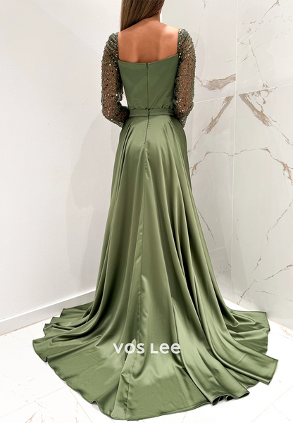 Long Sleeves Sequined Prom Dresses Formal Dresses  with Detachable Court Train
