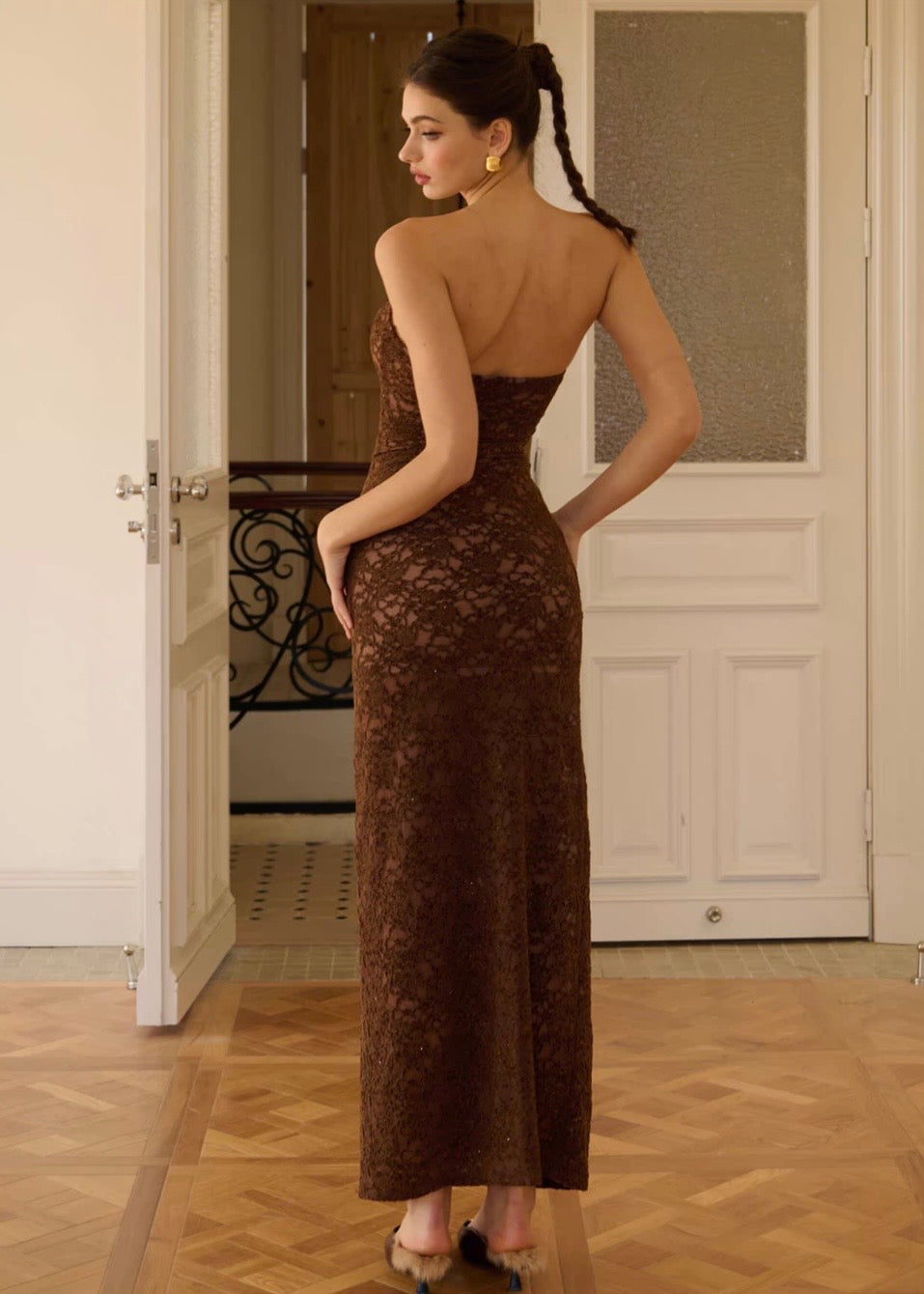 Vintage Lace Strapless Maxi Dress – Romantic Bridal Shower Gown