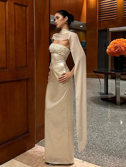 Luxury Champagne Satin Mermaid Gown – Detachable Cape for Weddings & Galas