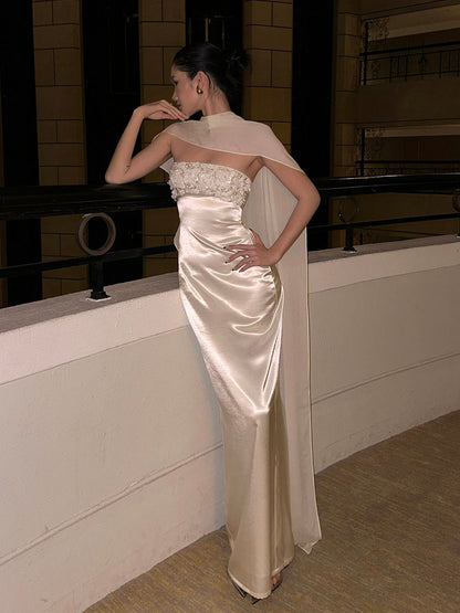 Luxury Champagne Satin Mermaid Gown – Detachable Cape for Weddings & Galas