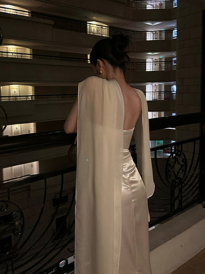 Luxury Champagne Satin Mermaid Gown – Detachable Cape for Weddings & Galas