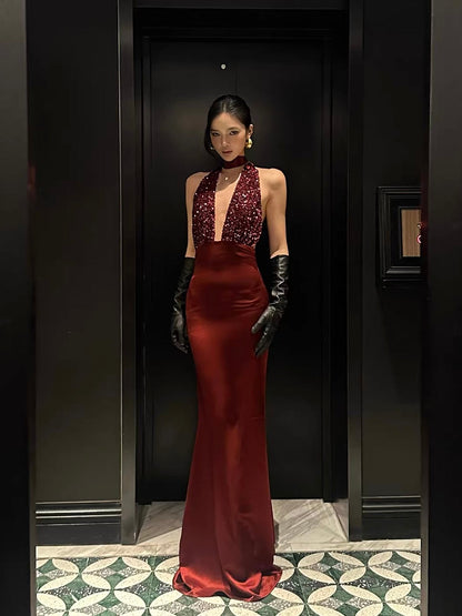 Elegant Backless Sequin Halter Gown – Perfect for Black Tie Events