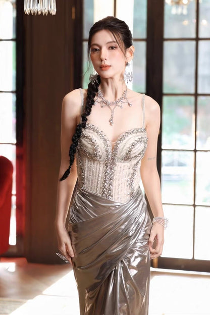 Luxury Silver Metallic Mermaid Gown – Crystal Bustier Formal Dress