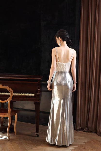 Luxury Silver Metallic Mermaid Gown – Crystal Bustier Formal Dress