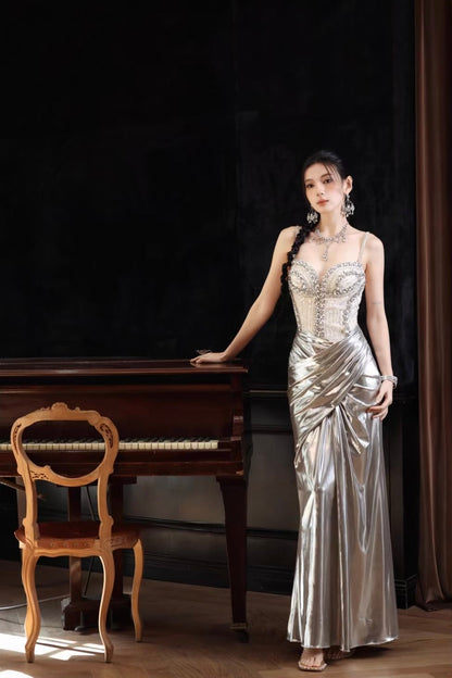Luxury Silver Metallic Mermaid Gown – Crystal Bustier Formal Dress