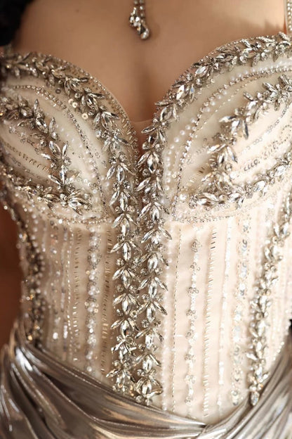 Luxury Silver Metallic Mermaid Gown – Crystal Bustier Formal Dress