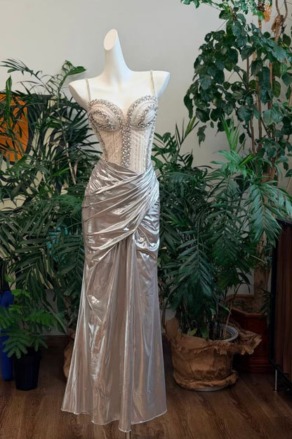 Luxury Silver Metallic Mermaid Gown – Crystal Bustier Formal Dress