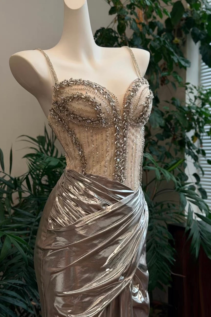 Luxury Silver Metallic Mermaid Gown – Crystal Bustier Formal Dress