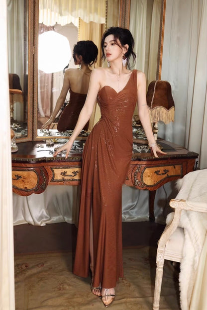 Elegant Draped Sequin One-Shoulder Gown – Floor-Length Evening Dress