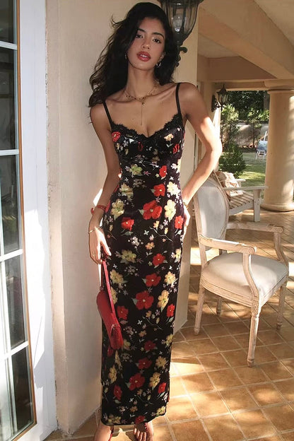 Elegant Vintage Floral Maxi Gown – Spaghetti Strap Vacation Dress