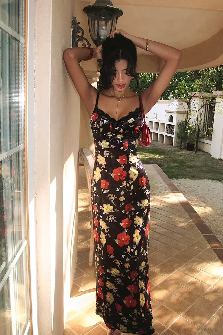 Elegant Vintage Floral Maxi Gown – Spaghetti Strap Vacation Dress