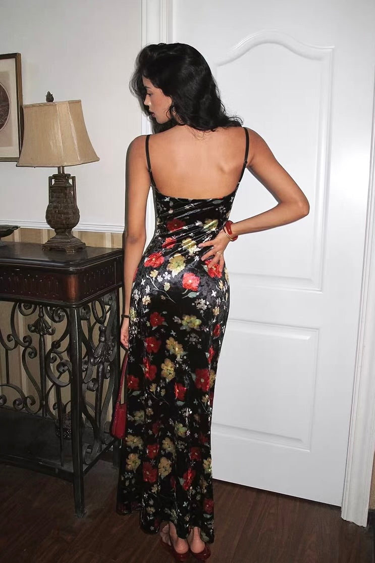 Elegant Vintage Floral Maxi Gown – Spaghetti Strap Vacation Dress