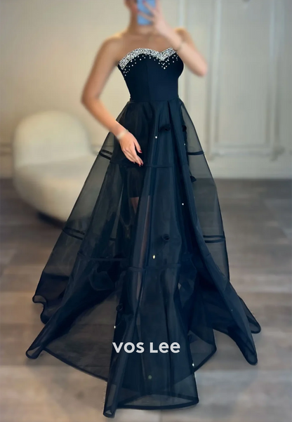 Chic & Modern Rhinestone Sweetheart  Flower Party Evening Dresses with Illusion Train