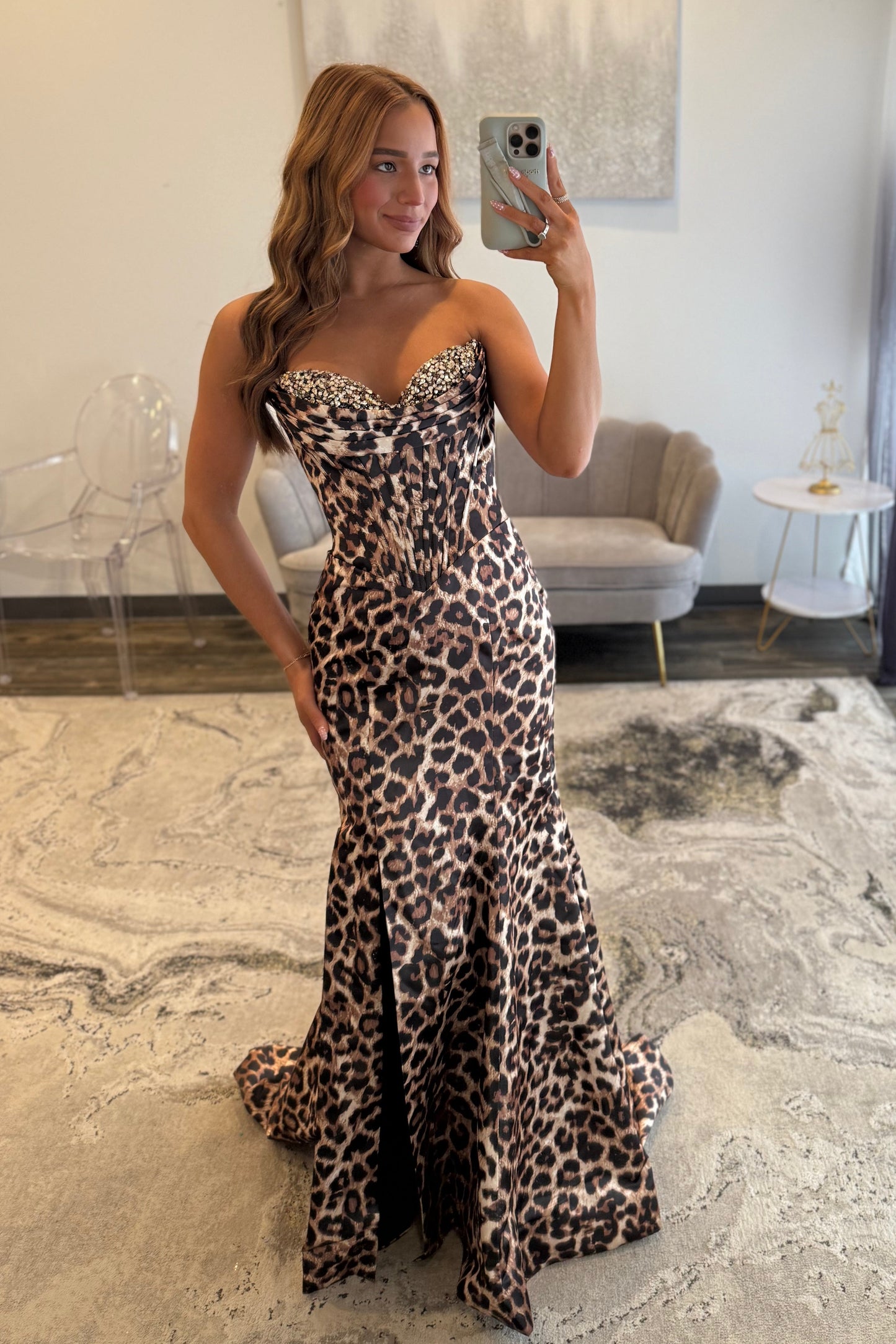 Crystals Sweetheart Leopard Print Mermaid Prom Dress