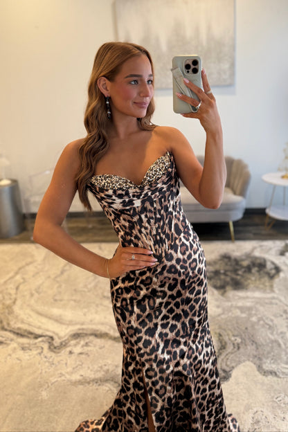 Crystals Sweetheart Leopard Print Mermaid Prom Dress