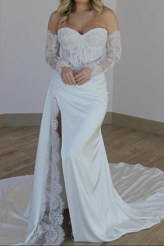 Trumpet Long Sleeves Sweetheart Lace Slit Wedding Dress