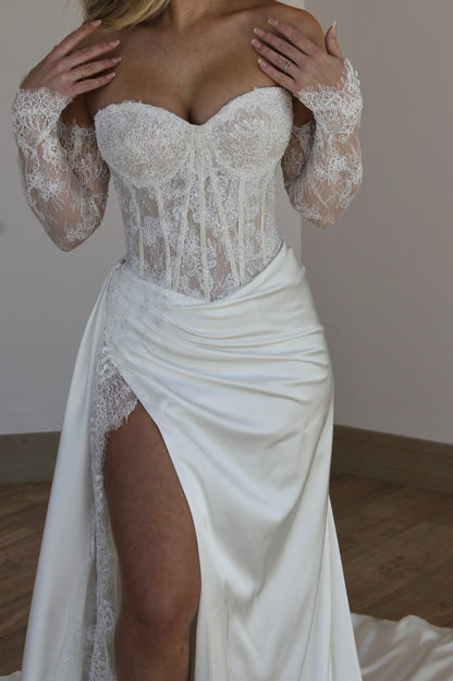 Trumpet Long Sleeves Sweetheart Lace Slit Wedding Dress