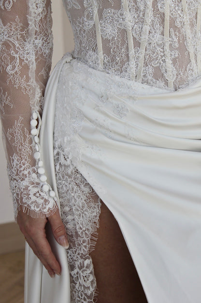 Trumpet Long Sleeves Sweetheart Lace Slit Wedding Dress