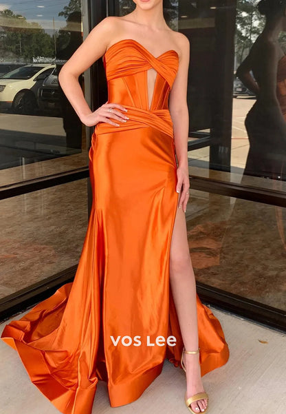 Sexy  Strapless Ruched Sweetheart Side Split Mermaid Prom Dresses with Sweep Train