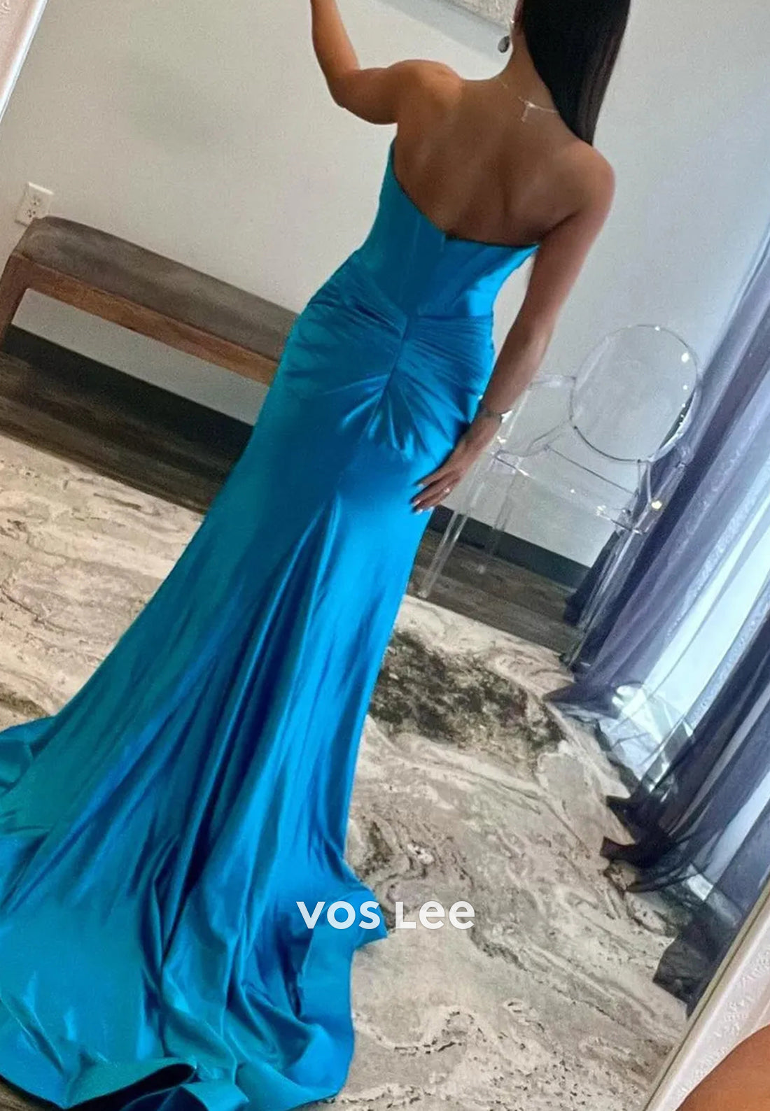 Sexy  Strapless Ruched Sweetheart Side Split Mermaid Prom Dresses with Sweep Train
