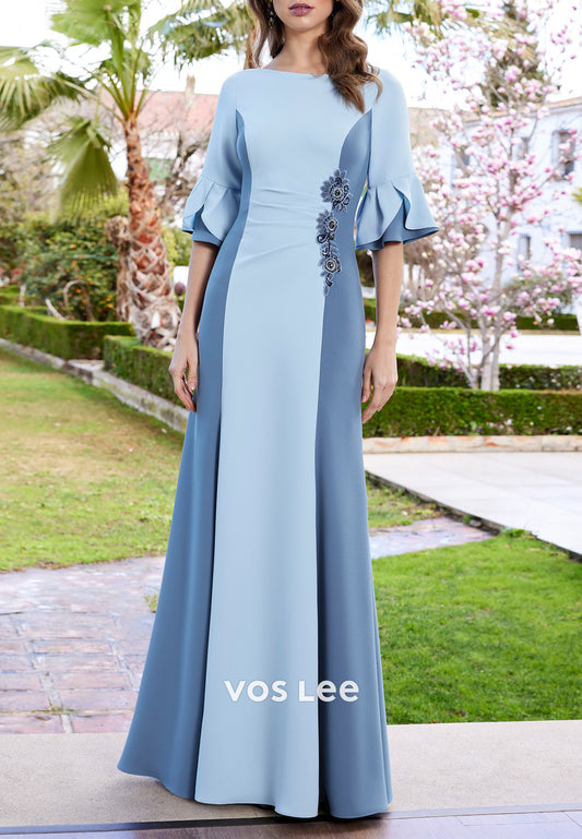 Blue Bell Sleeves Sheath Scoop Floor-Length Floral Embellished Mother of Bride Dress