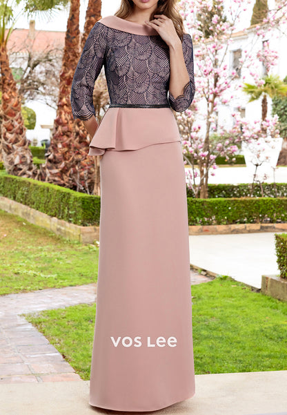 3/4 Sleeve Scoop Empire Waist Floor-Length Ruched Sheath Mother of Bride Dress