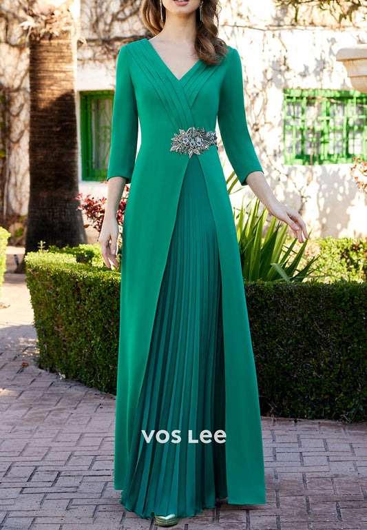Elegant & Luxurious A-Line V Neck 3/4 Sleeve Pleated Floor-Length Mother of  Bride Dress