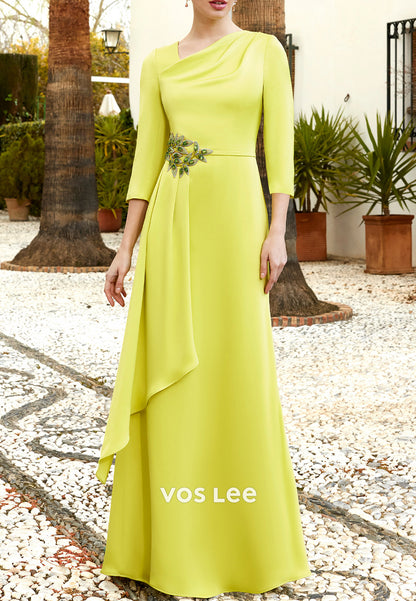 Asymmetrical 3/4 Sleeve Floor-Length Floral Embossed Sheath Mother of Bride Dress