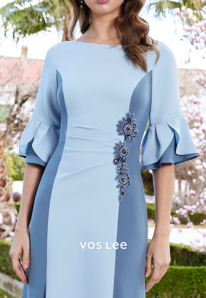 Blue Bell Sleeves Sheath Scoop Floor-Length Floral Embellished Mother of Bride Dress
