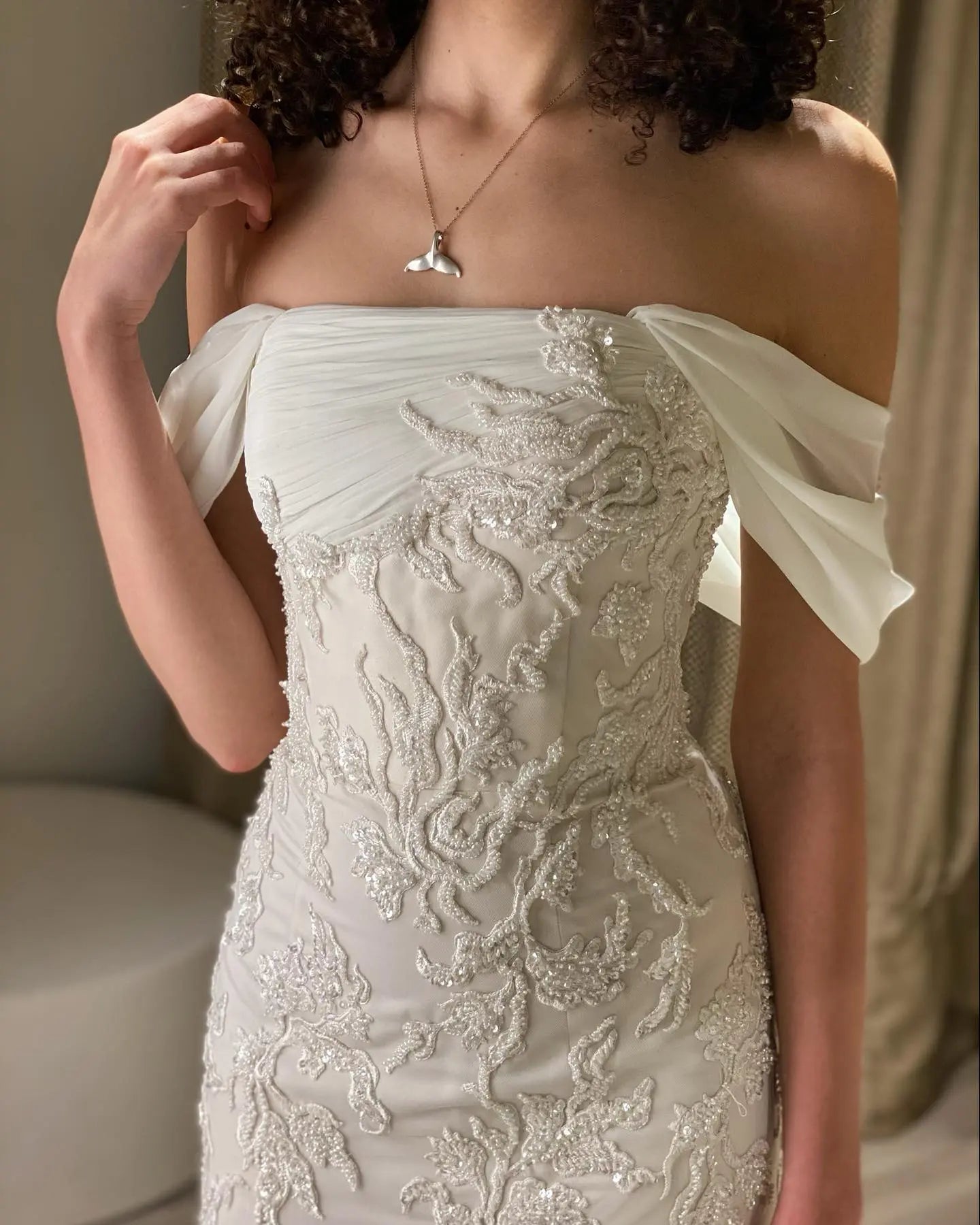 Elegant Ivory Sequin Off Shoulder Embroidered Evening Dress