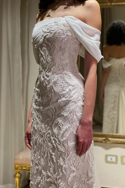Elegant Ivory Sequin Off Shoulder Embroidered Evening Dress