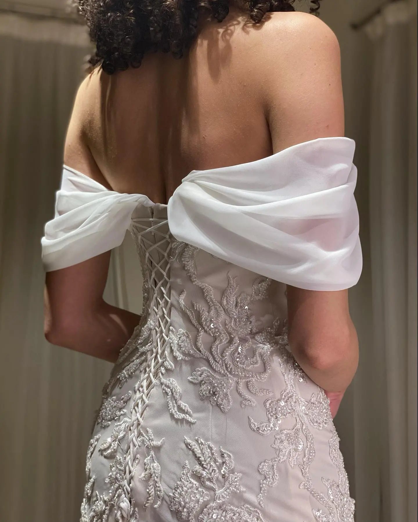 Elegant Ivory Sequin Off Shoulder Embroidered Evening Dress